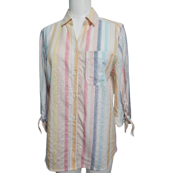 Chico's Tops - Chico's Linen Blend Women's 3/4 Sleeves Summer Rainbow Stripes Shirt Sz 1 (M)